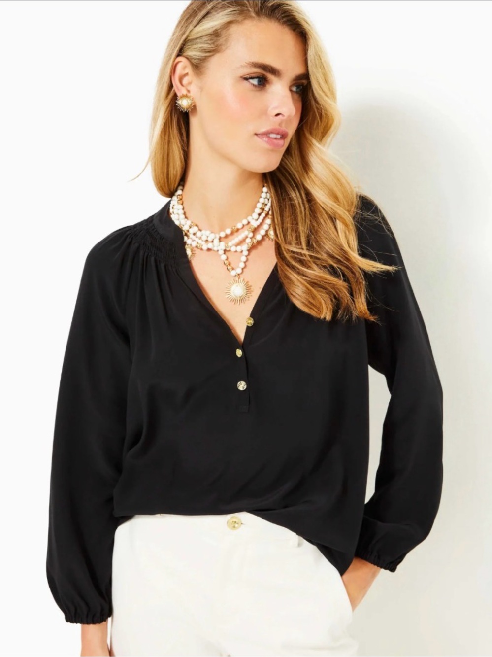 Lilly Pulitzer Black Smocked V-Neck Button 100% silk Blouse